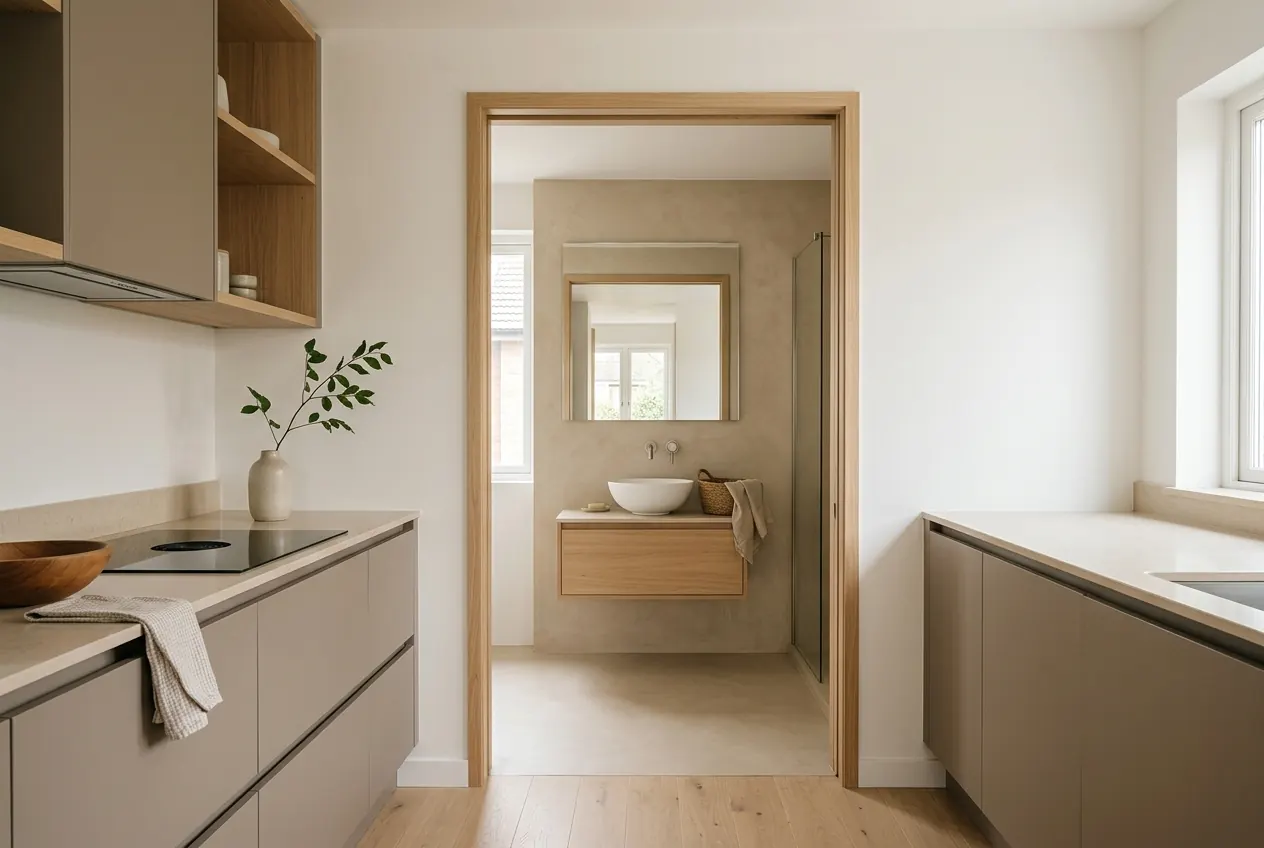 Cuisine rénovée en taupe et chêne ouvrant sur une salle de bains en béton ciré beige