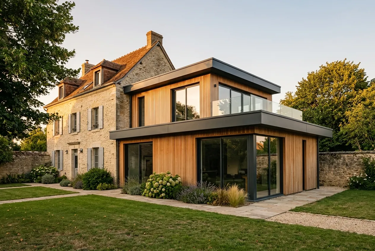 Extension contemporaine en bois et verre adossée à une maison traditionnelle