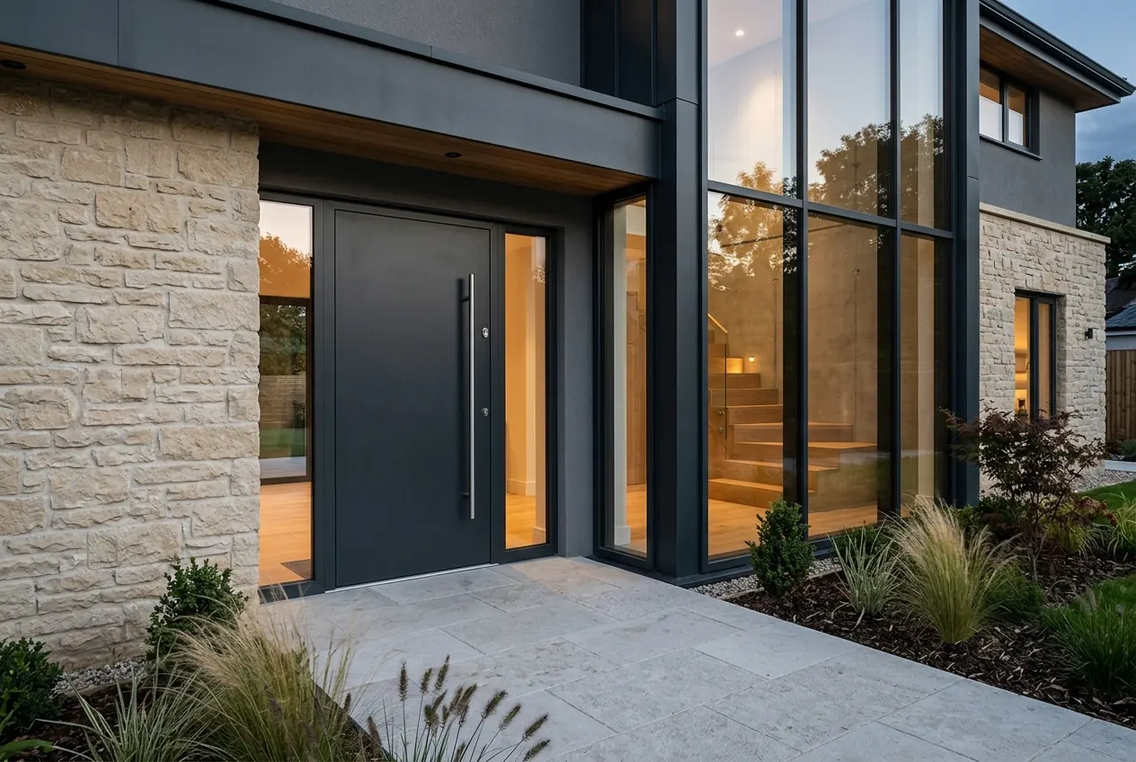 Menuiseries extérieures : porte d’entrée et façade vitrée en aluminium anthracite