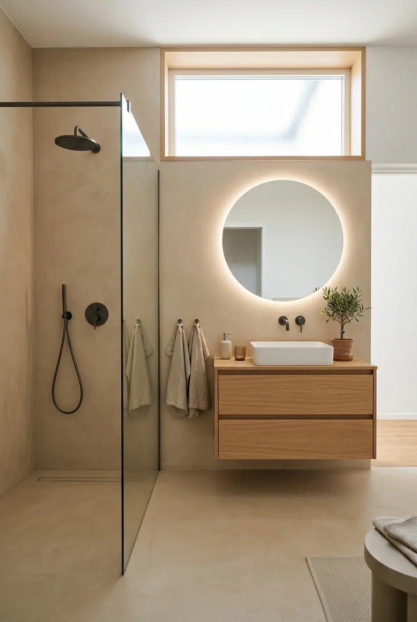 Rénovation de salle de bains : douche à l’italienne et meuble vasque en chêne
